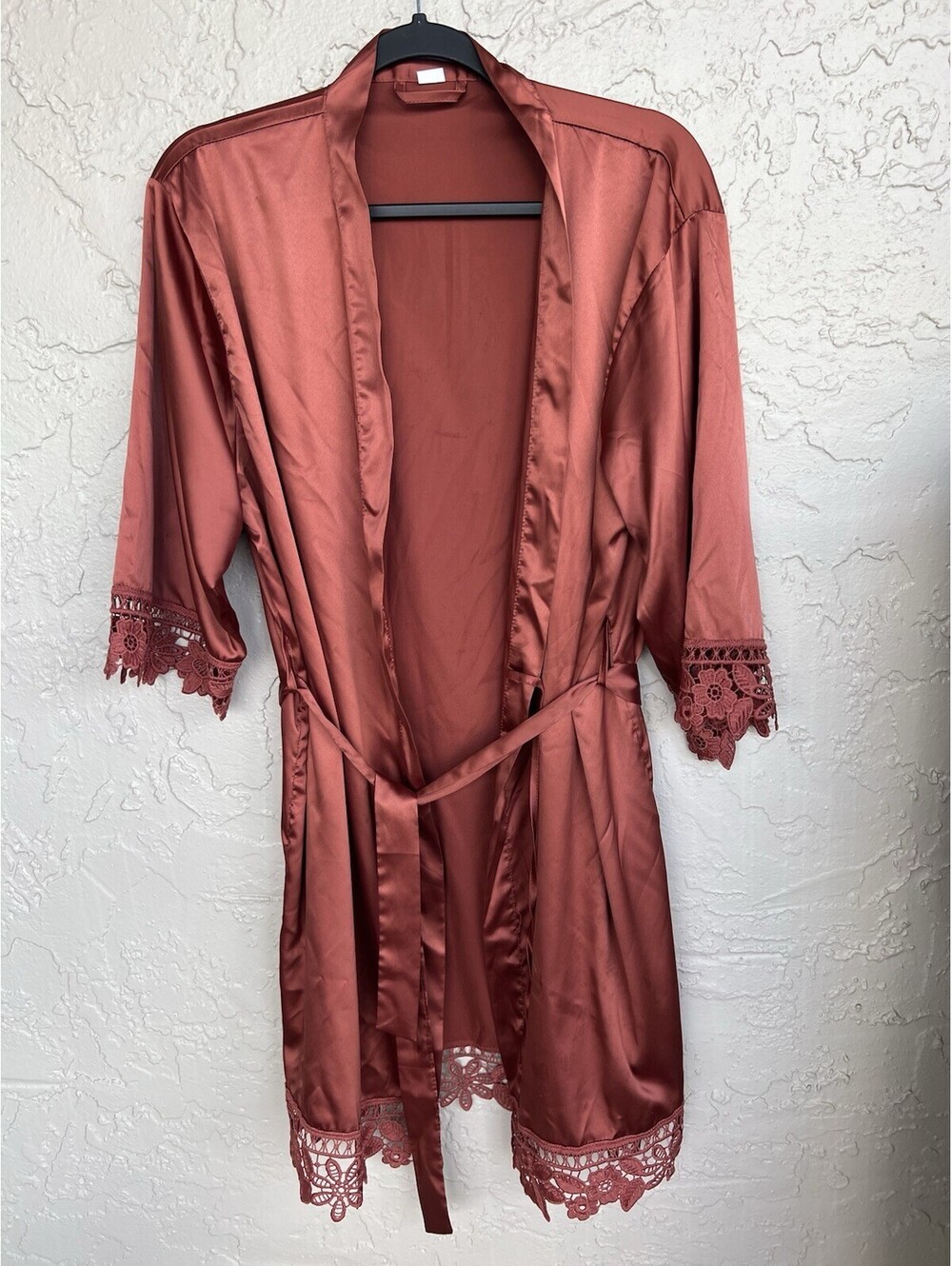 Women’s One Size Robe Peach Orange Satin Tie Belt Lace Trim
